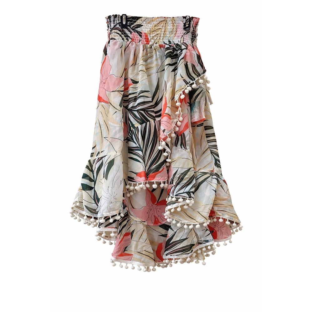 True Destinations Tropical Print Smocked Waist Skirt Pom Pom Hem Resortwear Size